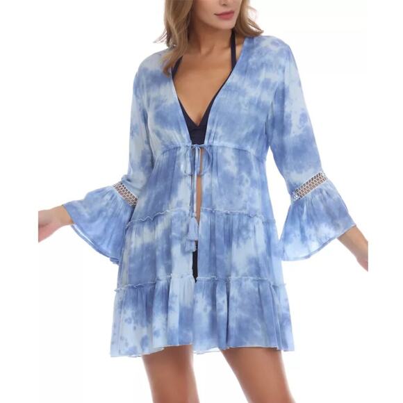Raviya Other - Raviya Women's Blue Tie-Dyed Lace Trim Bell-Sleeve Tiered Cover-Up Medium NWT